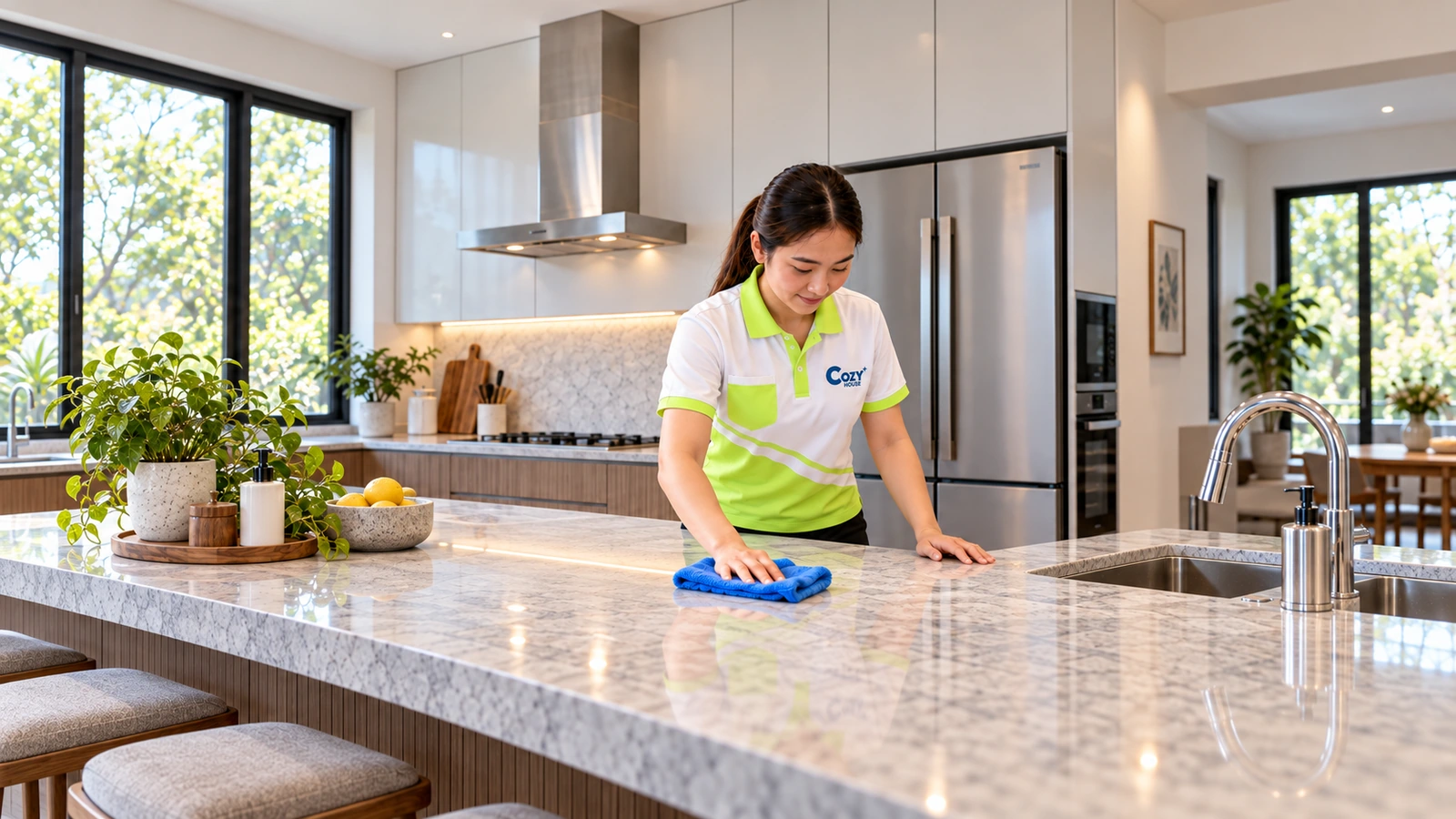 Ảnh minh hoạ: Một nhân viên Cozy lau mặt bàn bếp