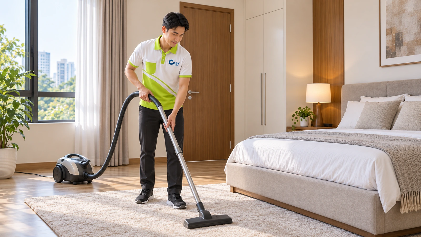 Ảnh minh hoạ: Một nhân viên Cozy hút bụi thảm phòng ngủ