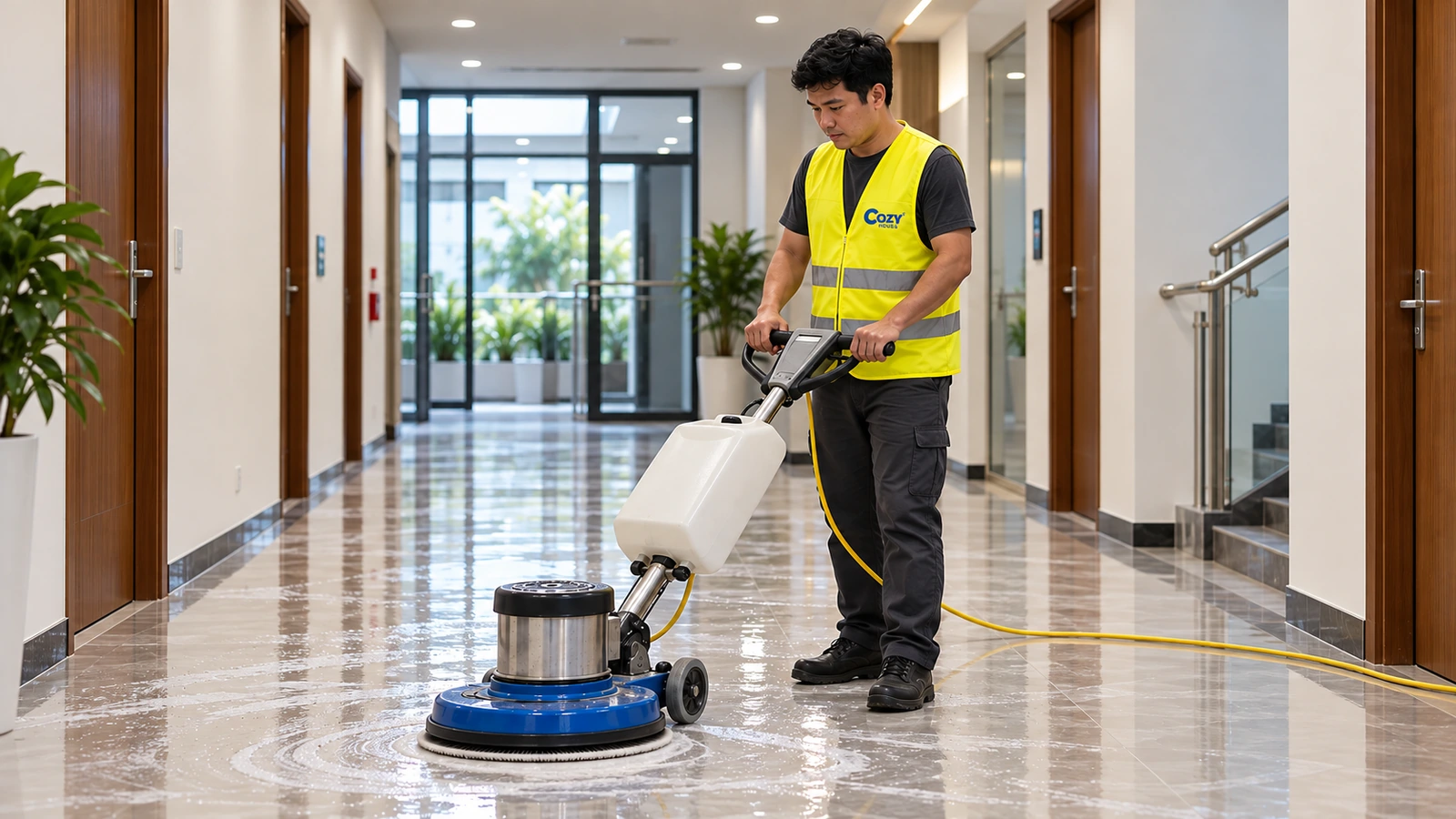 Ảnh minh hoạ: Một nhân viên Cozy mặc áo công trình vàng vận hành máy chà sàn