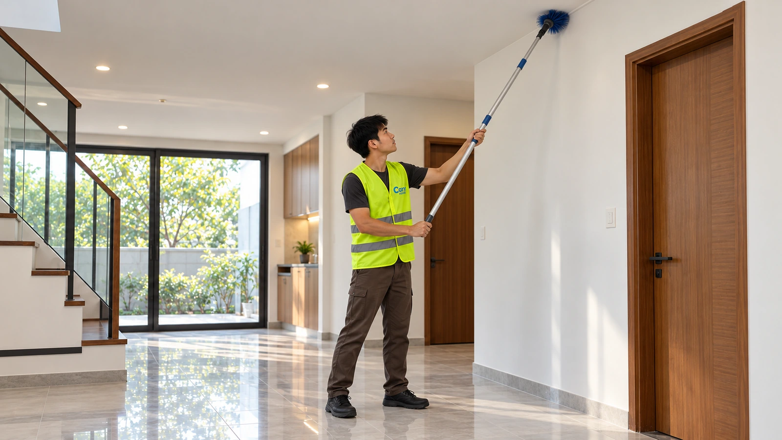 Ảnh minh hoạ: Một nhân viên Cozy phủi bụi góc trần bằng cây nối dài