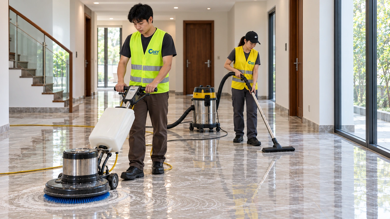 Ảnh minh hoạ: Hai nhân viên Cozy chà sàn và hút nước sau thi công