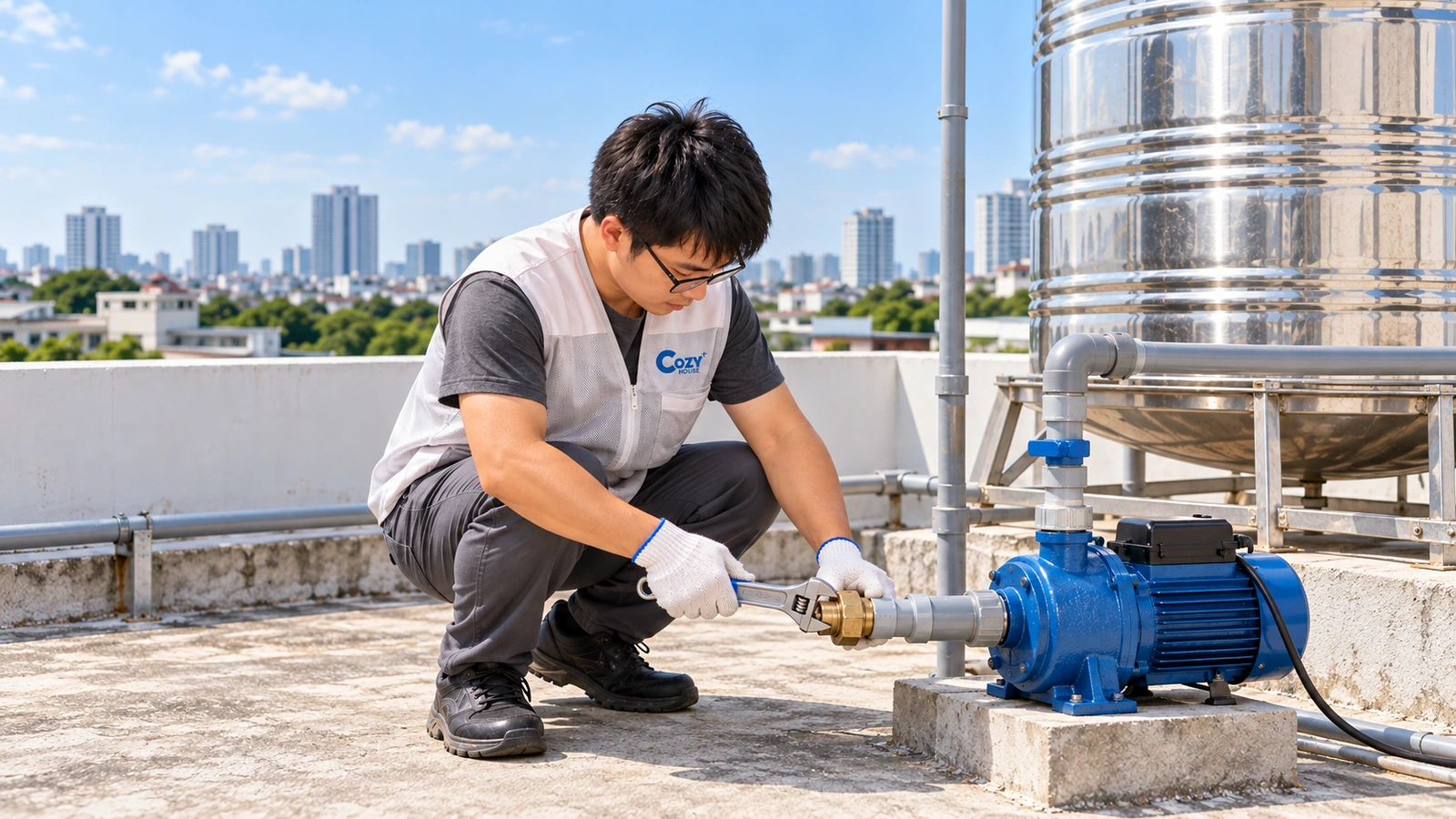 Ảnh minh hoạ: Một kỹ thuật viên Cozy lắp khớp nối đường ống cạnh máy bơm