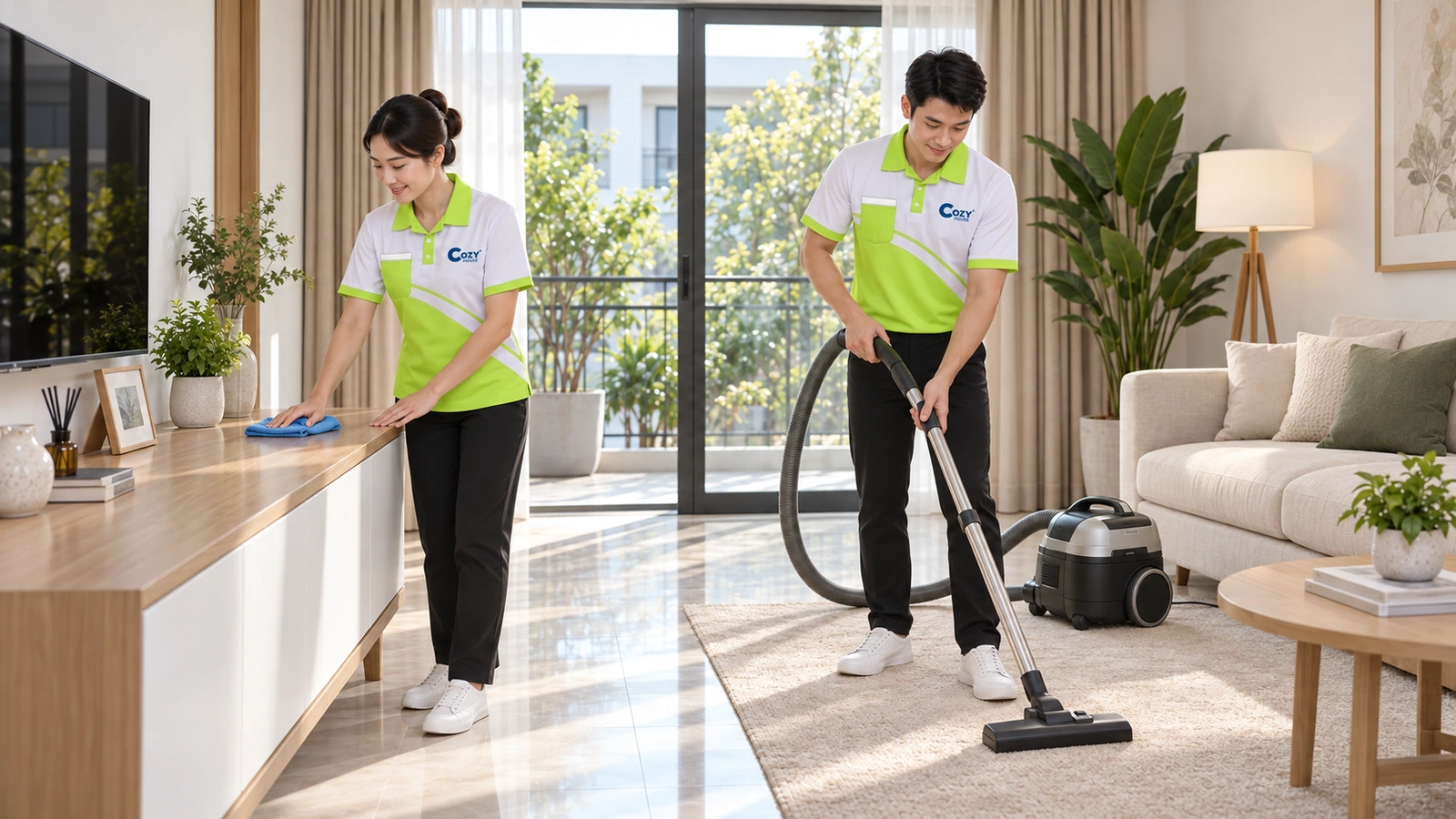 Ảnh minh hoạ: Hai nhân viên Cozy lau bàn và hút bụi trong nhà, mặc polo trắng xanh chanh