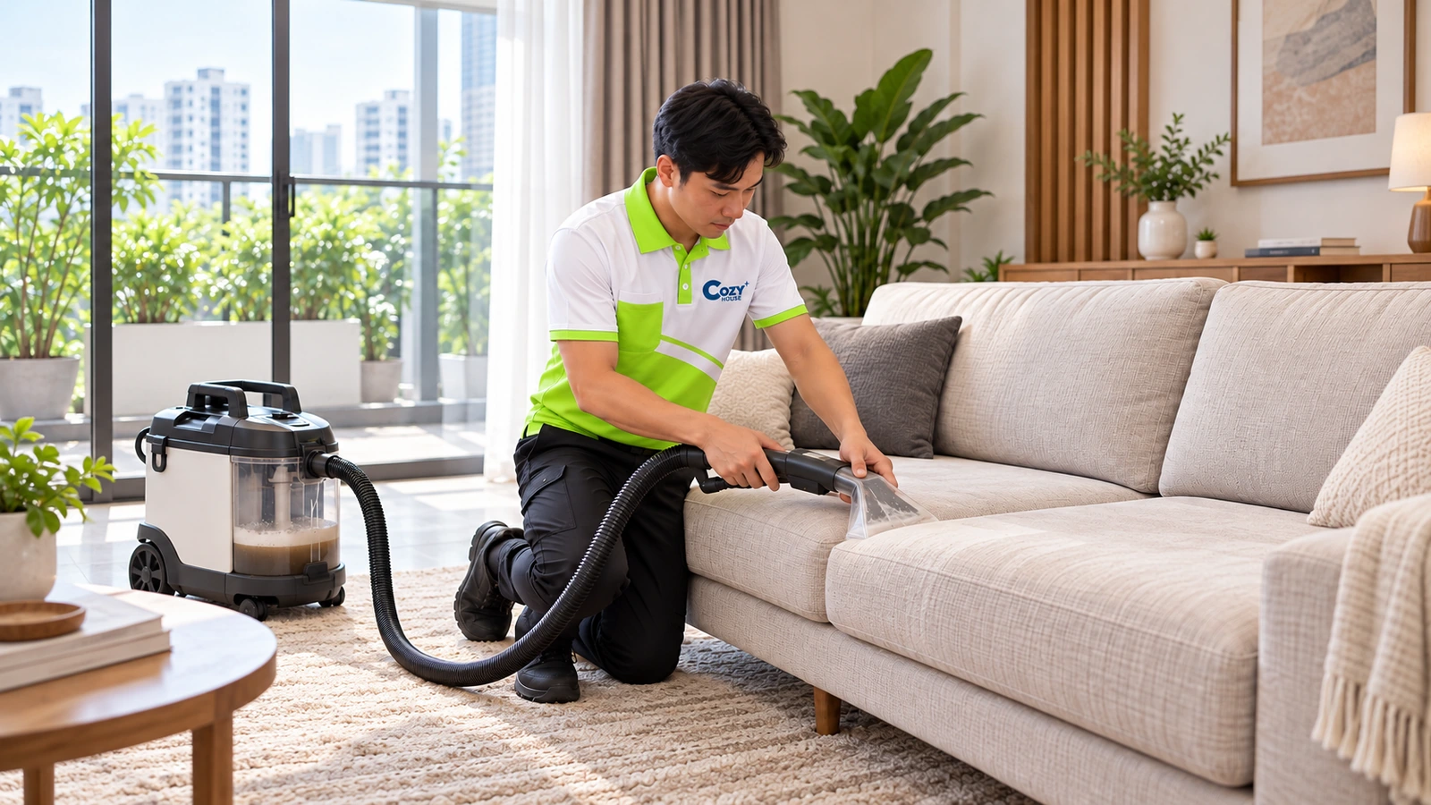 Ảnh minh hoạ: Một nhân viên Cozy giặt hút sofa, thấy rõ đầu hút tiếp xúc mặt nệm